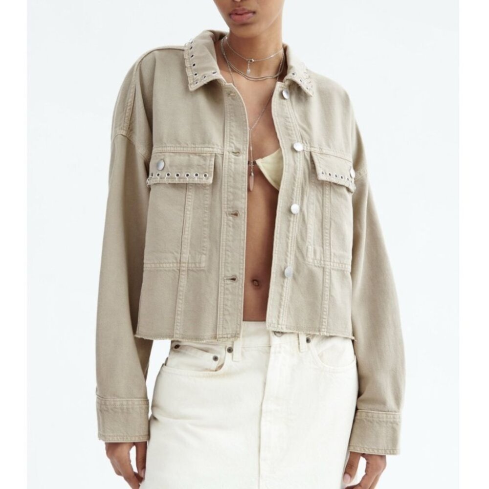 Zara Taupe Cropped Denim Jacket with Stud Trim